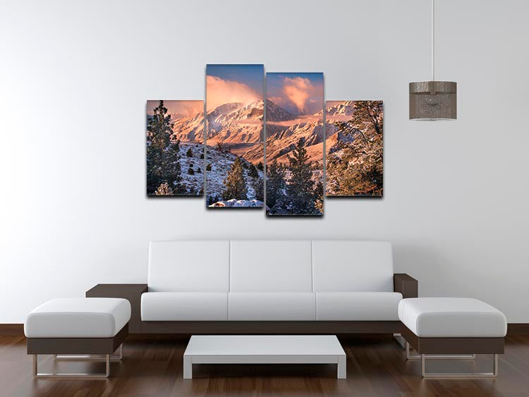 Mountain Light 4 Split Panel Canvas artwork featuring a serene mountain landscape divided into four panels.