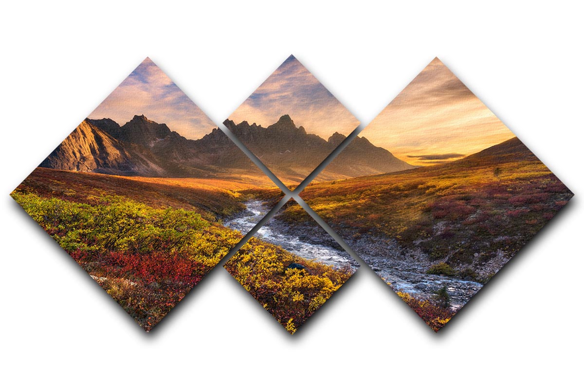 Mountain Paradise 4 Square Multi Panel Canvas artwork featuring a serene mountain landscape divided into four equal panels.