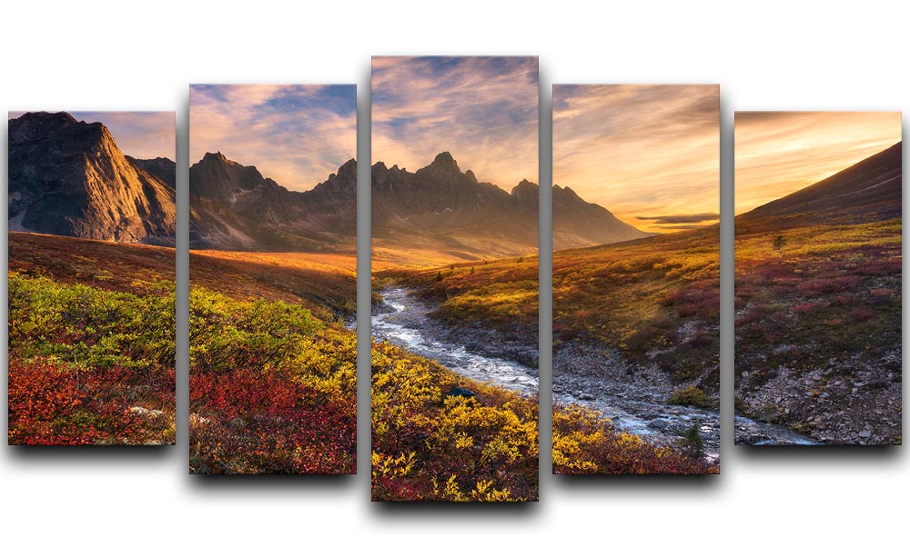 Mountain Paradise 5 Split Panel Canvas artwork featuring a serene mountain landscape divided into five panels, showcasing vibrant colors and intricate details.