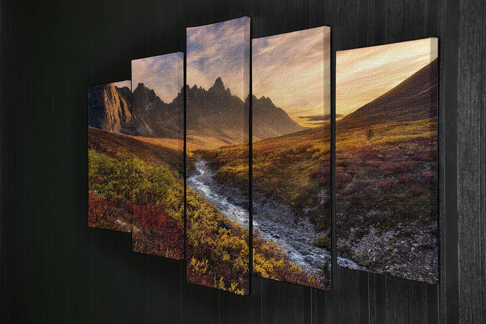 Mountain Paradise 5 Split Panel Canvas artwork featuring a serene mountain landscape divided into five panels, showcasing vibrant colors and intricate details.