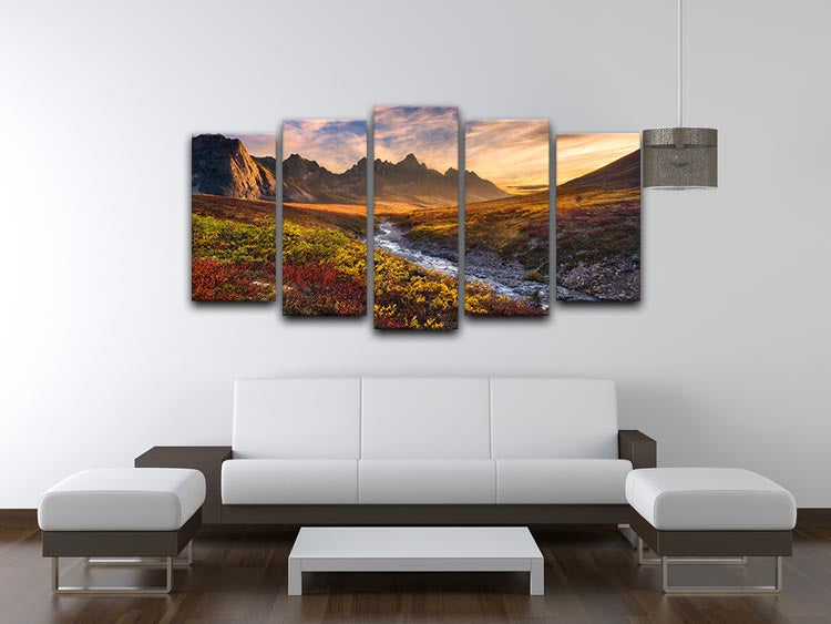 Mountain Paradise 5 Split Panel Canvas artwork featuring a serene mountain landscape divided into five panels, showcasing vibrant colors and intricate details.