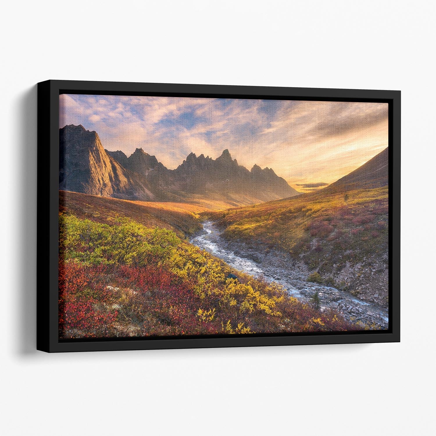 Mountain Paradise Floating Framed Canvas featuring vibrant abstract colors in a handcrafted wooden frame, creating a stunning wall art piece.