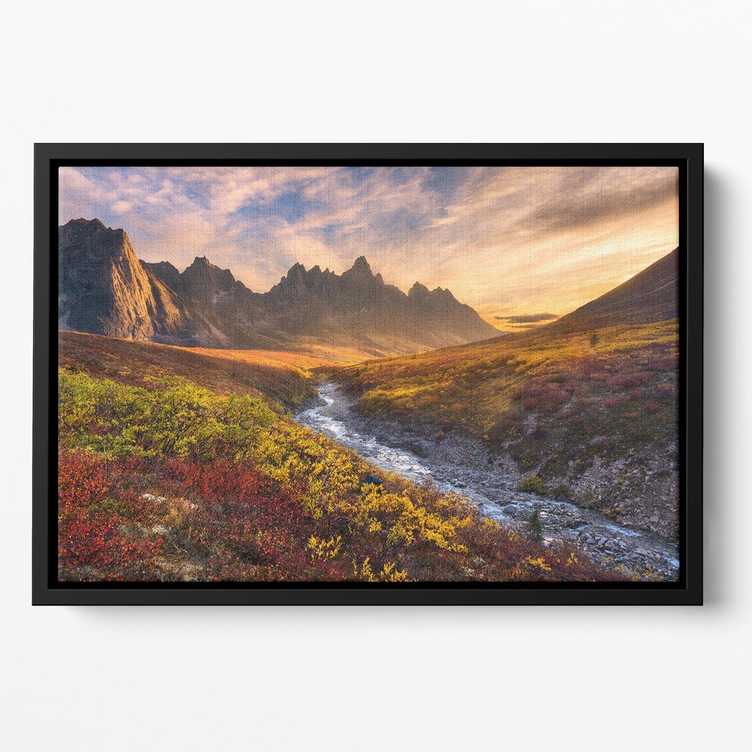 Mountain Paradise Floating Framed Canvas featuring vibrant abstract colors in a handcrafted wooden frame, creating a stunning wall art piece.