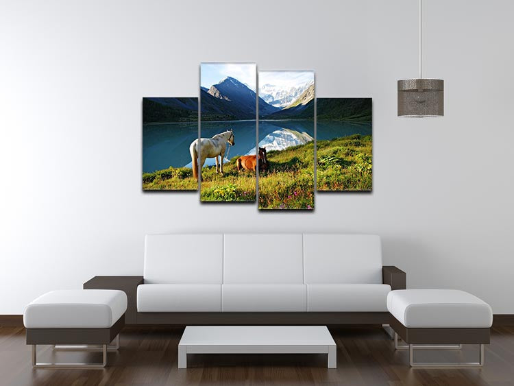 A beautiful 4-split canvas artwork featuring horses in a mountain pasture, showcasing vibrant colors and intricate details.