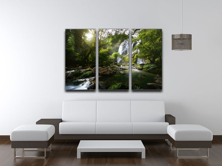 Mountain Stream 3 Split Panel Canvas Print showcasing a serene landscape with flowing water and lush greenery.