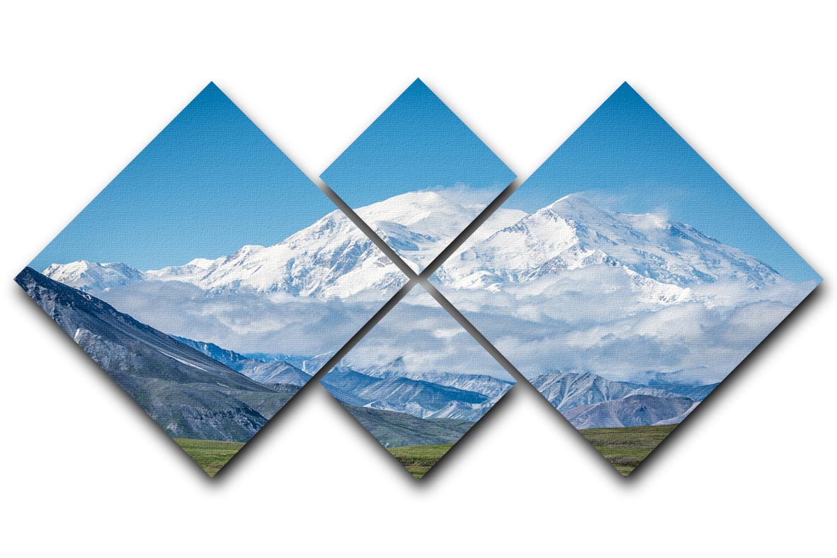A stunning 4-square multi-panel canvas featuring the majestic Mt Denali in Alaska, showcasing vibrant colors and intricate details.