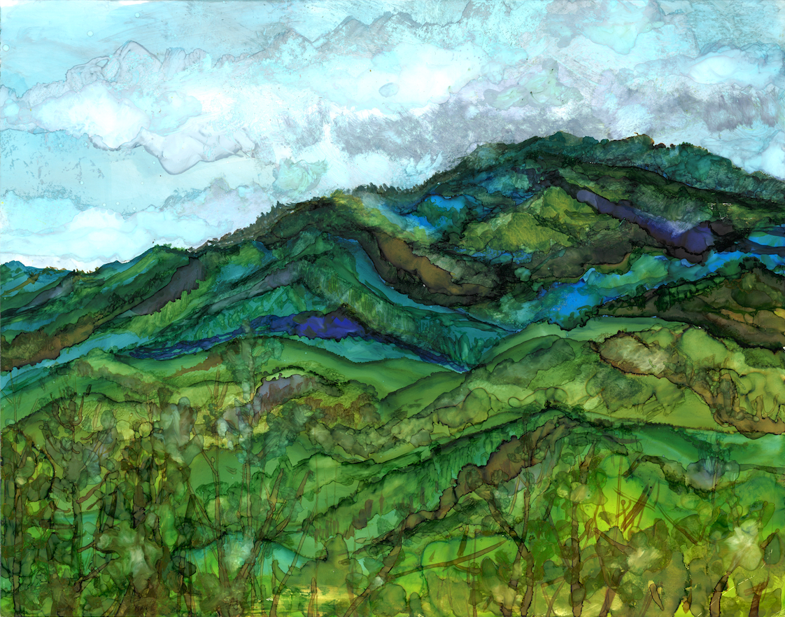A vibrant alcohol ink painting of Mt. LeConte, showcasing intricate details and soothing colors, perfect for art lovers.