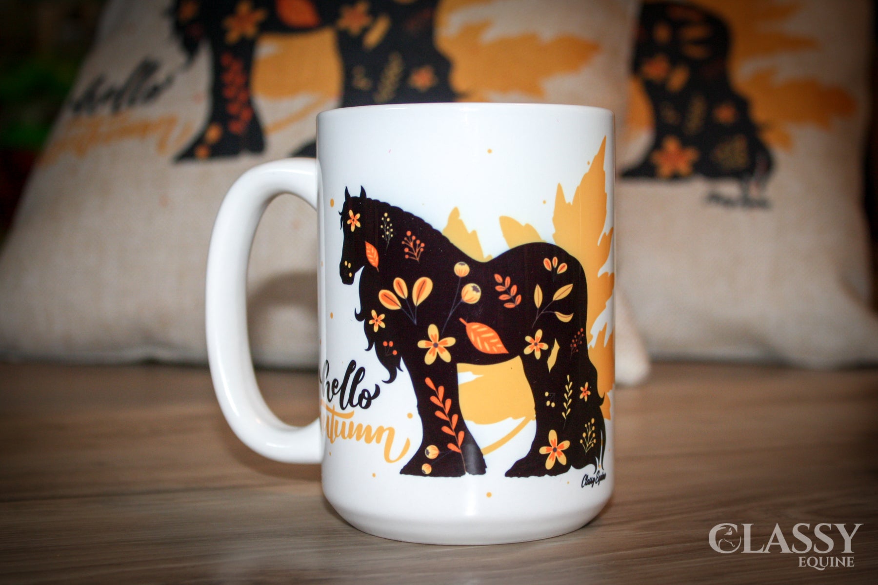 A stylish 15 oz mug featuring the Hello Autumn design with horse breeds, perfect for fall beverages.