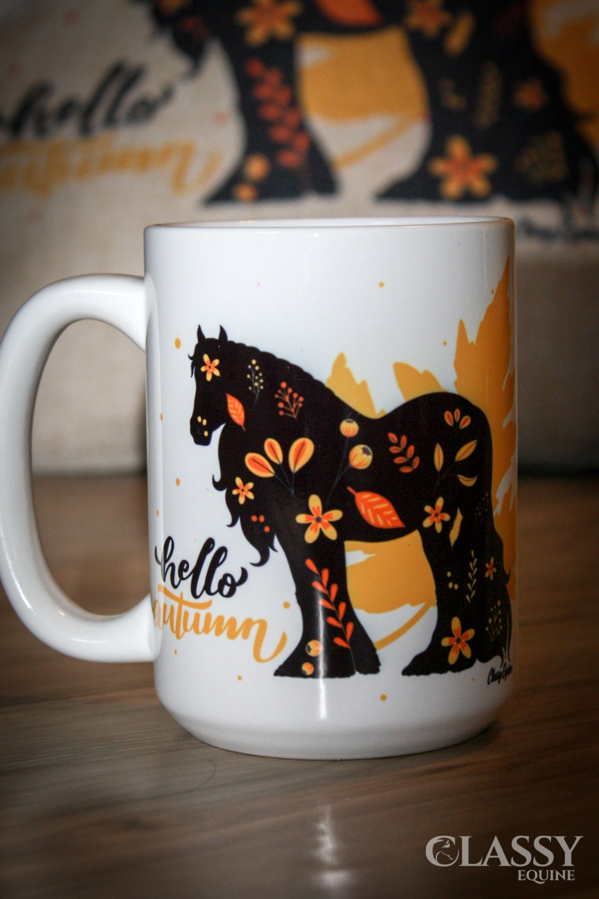 A stylish 15 oz mug featuring the Hello Autumn design with horse breeds, perfect for fall beverages.