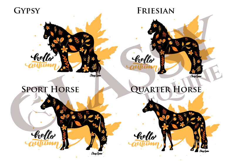 A stylish 15 oz mug featuring the Hello Autumn design with horse breeds, perfect for fall beverages.