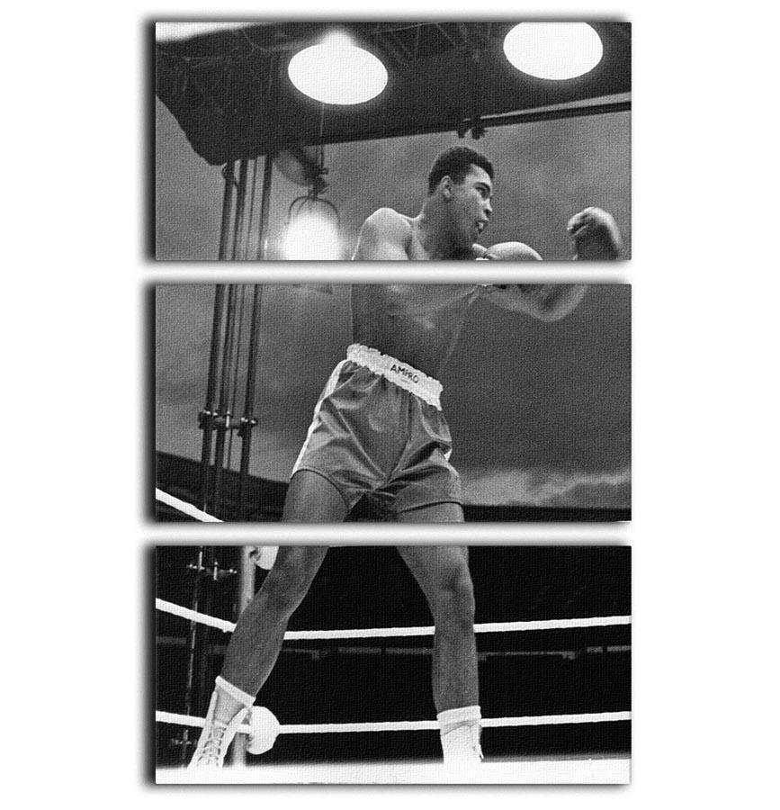 Muhammad Ali 1963 3 Split Panel Canvas Print showcasing a dynamic image of the legendary boxer, perfect for enhancing any room's decor.