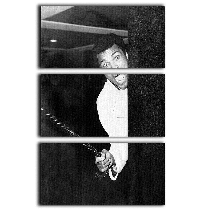 Muhammad Ali larking about at Heathrow, displayed in a stunning 3-panel canvas print, showcasing vibrant colors and dynamic composition.