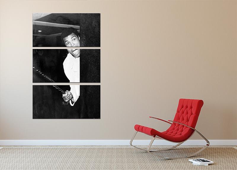 Muhammad Ali larking about at Heathrow, displayed in a stunning 3-panel canvas print, showcasing vibrant colors and dynamic composition.