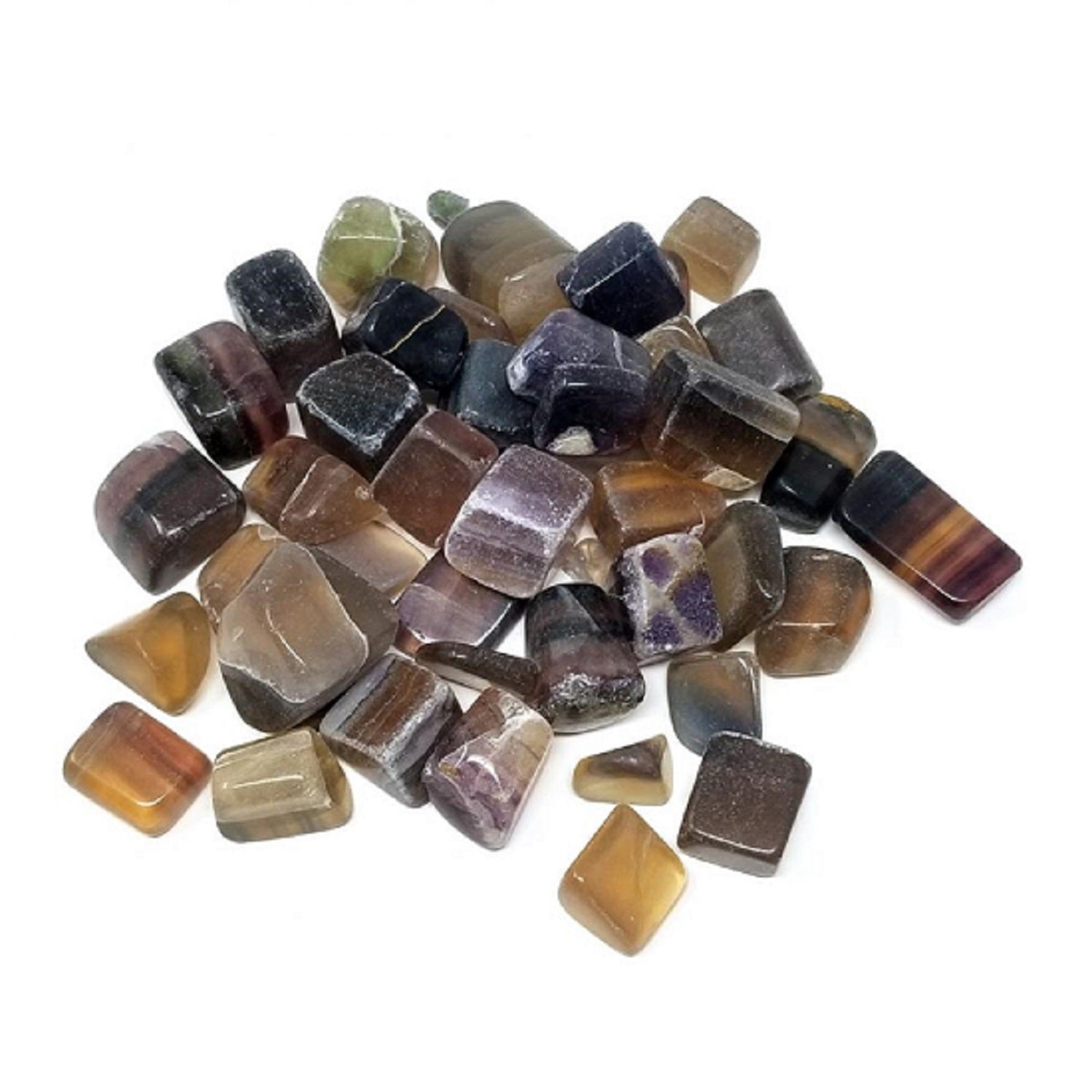 A collection of Multi Fluorite Tumbled Stones showcasing vibrant colors and polished surfaces, ideal for spiritual practices.