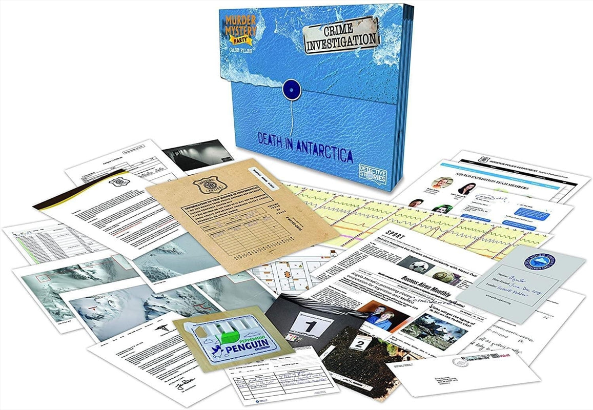 Murder Mystery Party Case Files - Death In Antarctica game box with evidence and character roles for players.