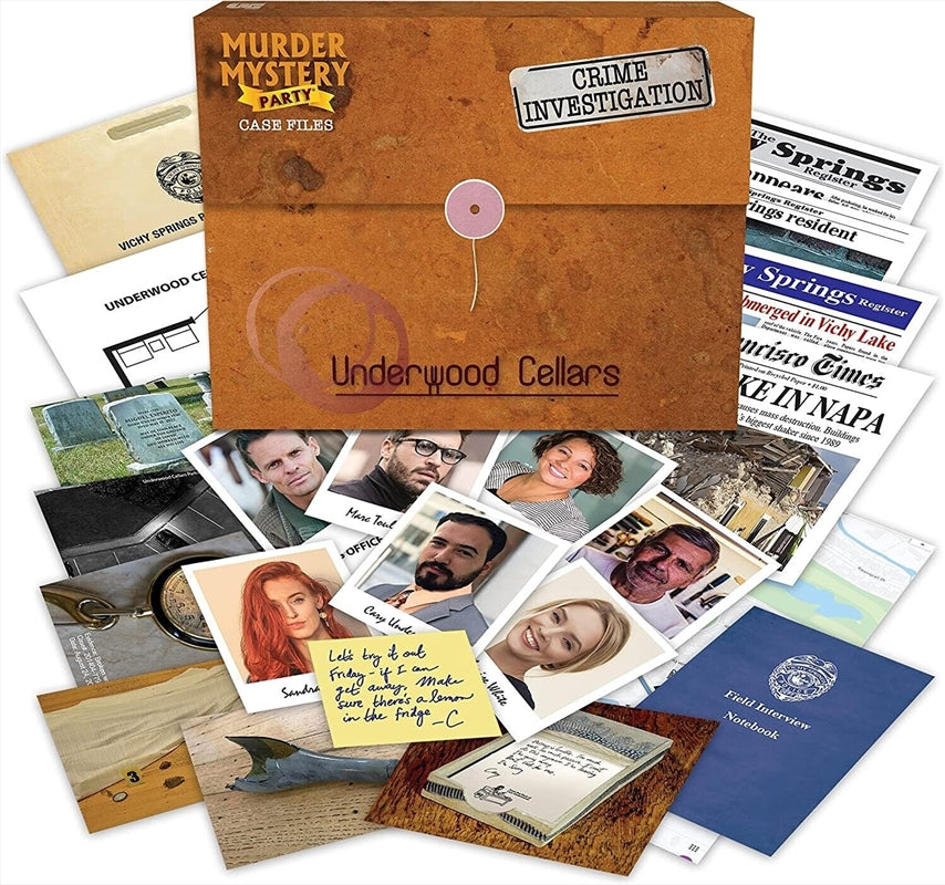 Murder Mystery Party Case Files - Underwood Cellar game box with evidence and suspect photos.