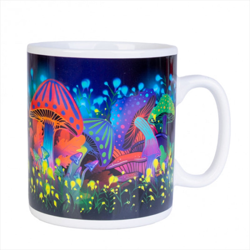 A large ceramic mug featuring a colorful mushroom landscape design, perfect for coffee or tea.
