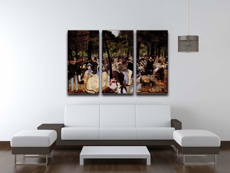 Three-panel canvas print of Music in Tuilerie Garden by Manet, showcasing vibrant colors and intricate details.