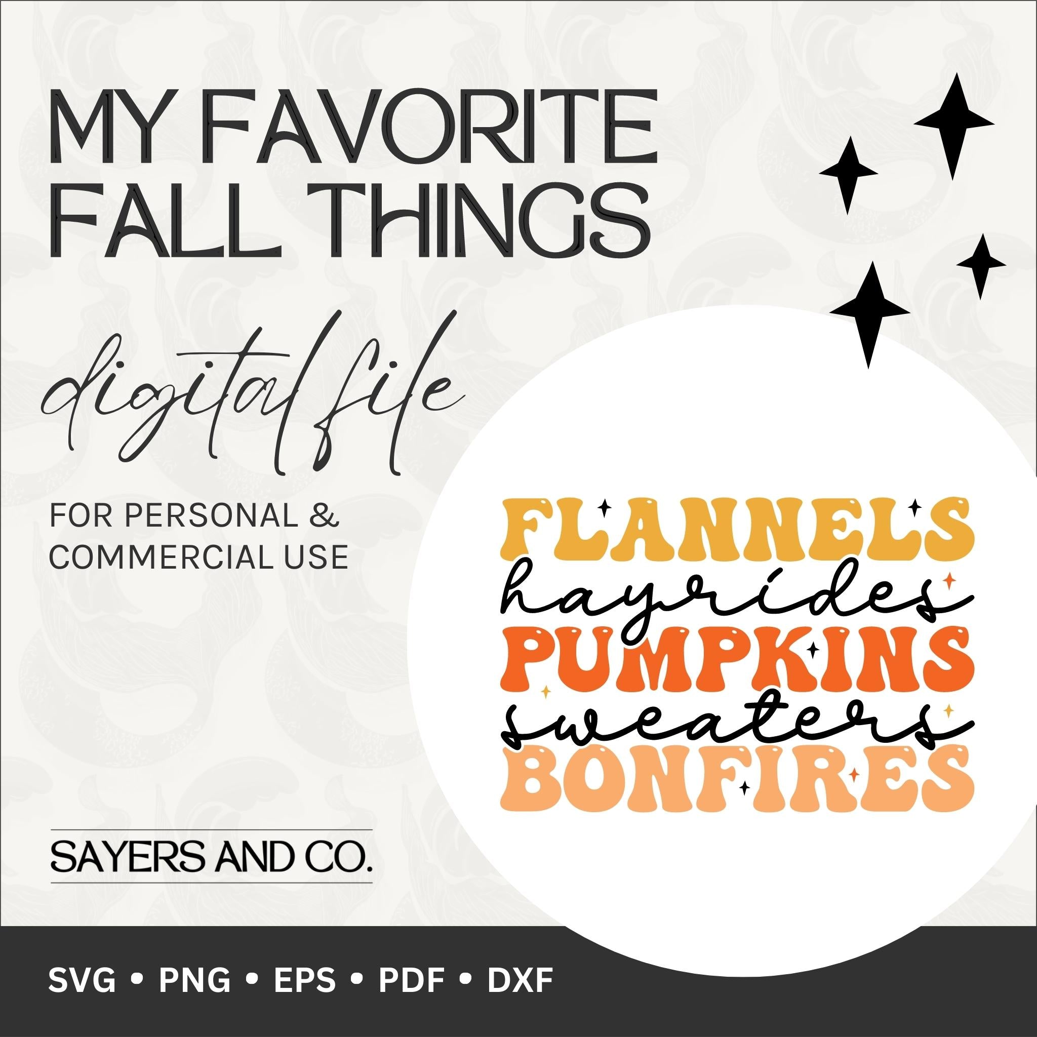 A collection of whimsical fall-themed digital files in SVG, PNG, EPS, PDF, and DXF formats, showcasing autumn designs for creative projects.