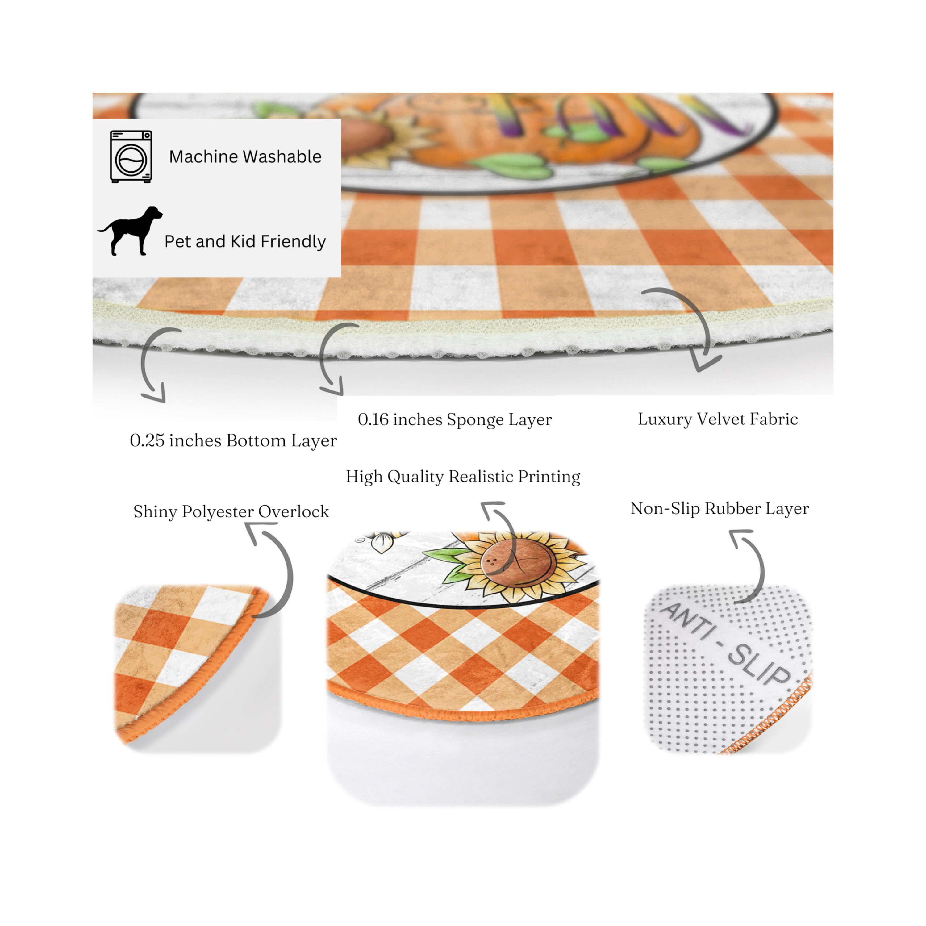 A cozy round rug featuring a fall pattern with vibrant colors, made from soft velvet fabric, perfect for family spaces.