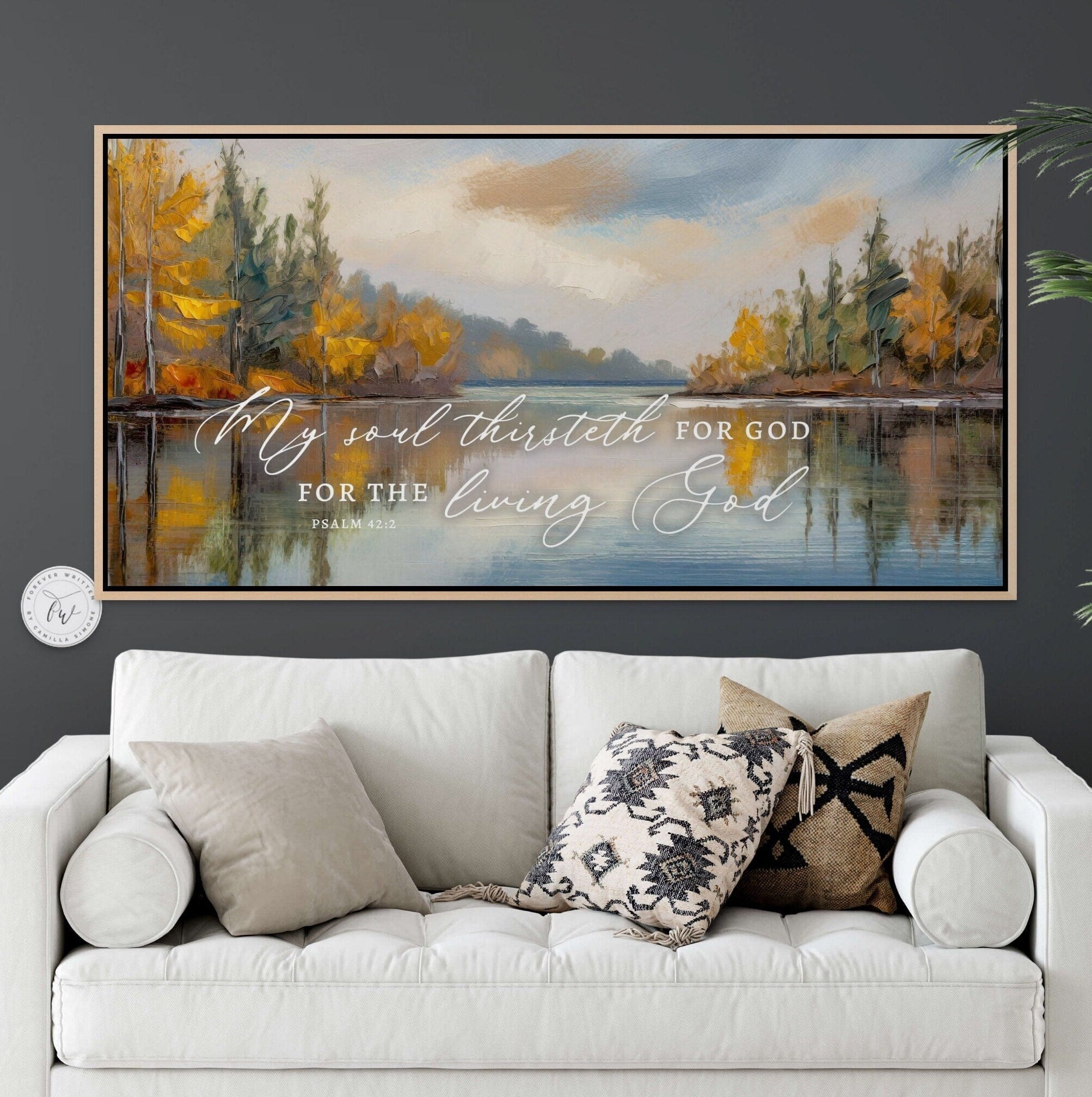 Canvas print featuring serene autumn lake scene with Psalm 42:2 scripture, perfect for Christian wall art.