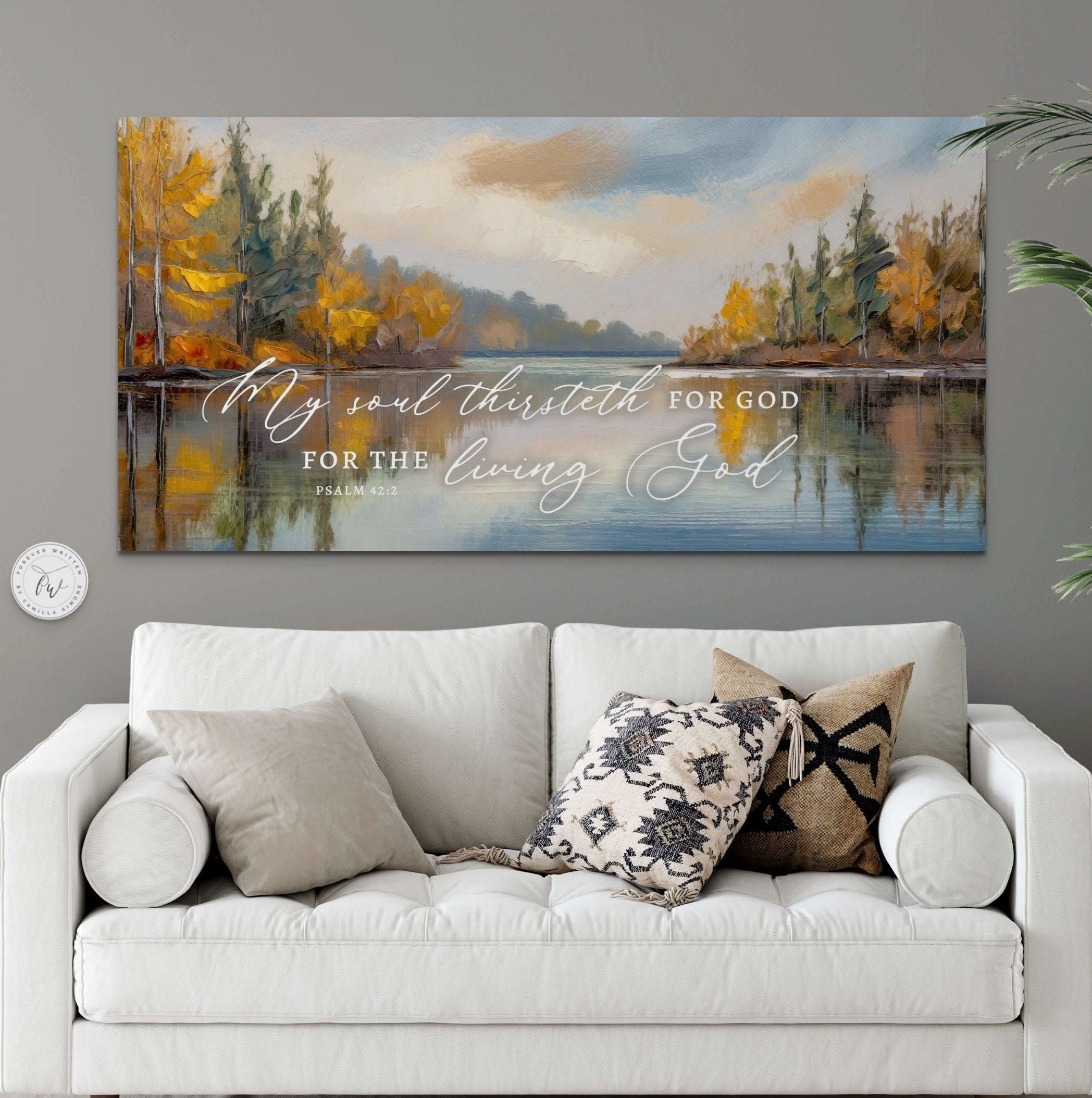 Canvas print featuring serene autumn lake scene with Psalm 42:2 scripture, perfect for Christian wall art.