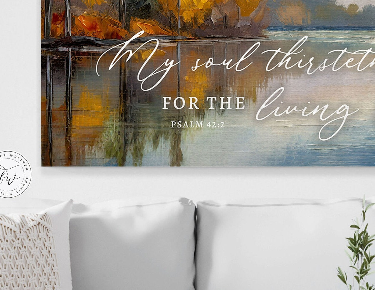Canvas print featuring serene autumn lake scene with Psalm 42:2 scripture, perfect for Christian wall art.