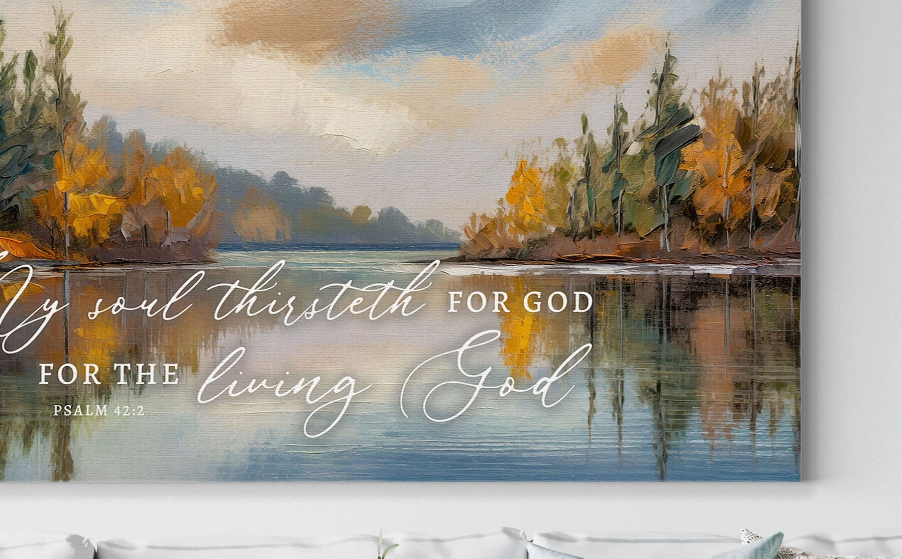 Canvas print featuring serene autumn lake scene with Psalm 42:2 scripture, perfect for Christian wall art.