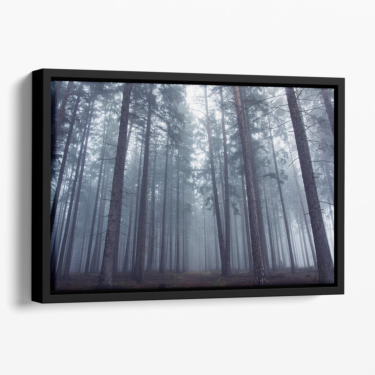 Mysterious Foggy Forest Floating Framed Canvas showcasing an abstract forest scene in a stylish floating frame.