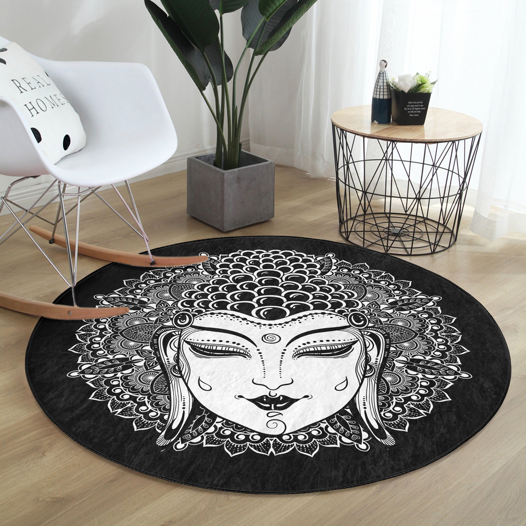 Mystic Round Rug in vibrant colors, featuring a soft velvet texture and anti-slip backing, perfect for meditation spaces.