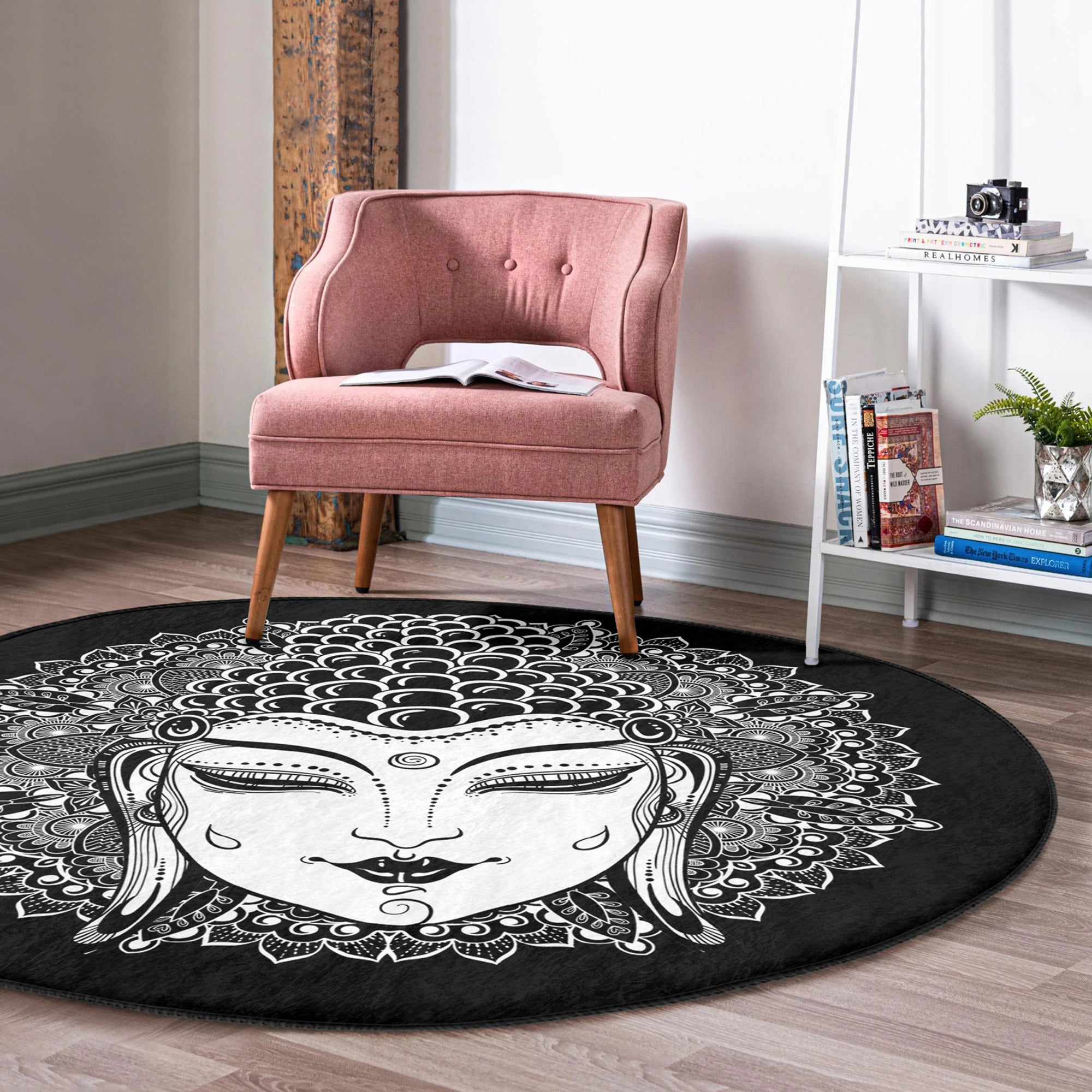 Mystic Round Rug in vibrant colors, featuring a soft velvet texture and anti-slip backing, perfect for meditation spaces.