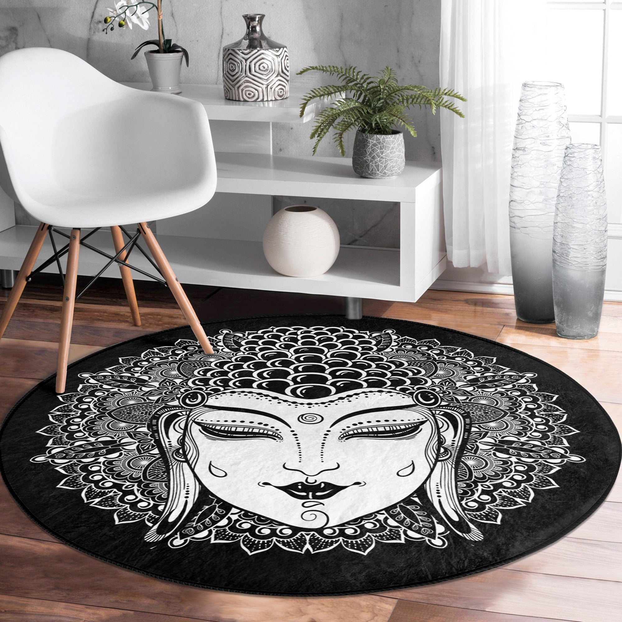 Mystic Round Rug in vibrant colors, featuring a soft velvet texture and anti-slip backing, perfect for meditation spaces.