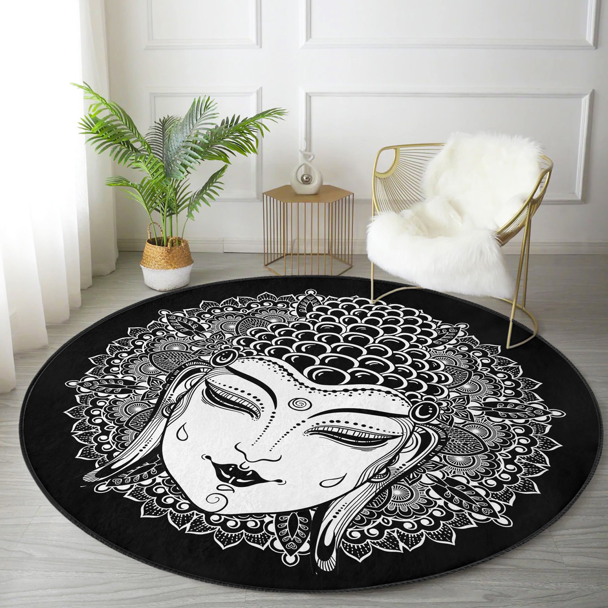 Mystic Round Rug in vibrant colors, featuring a soft velvet texture and anti-slip backing, perfect for meditation spaces.