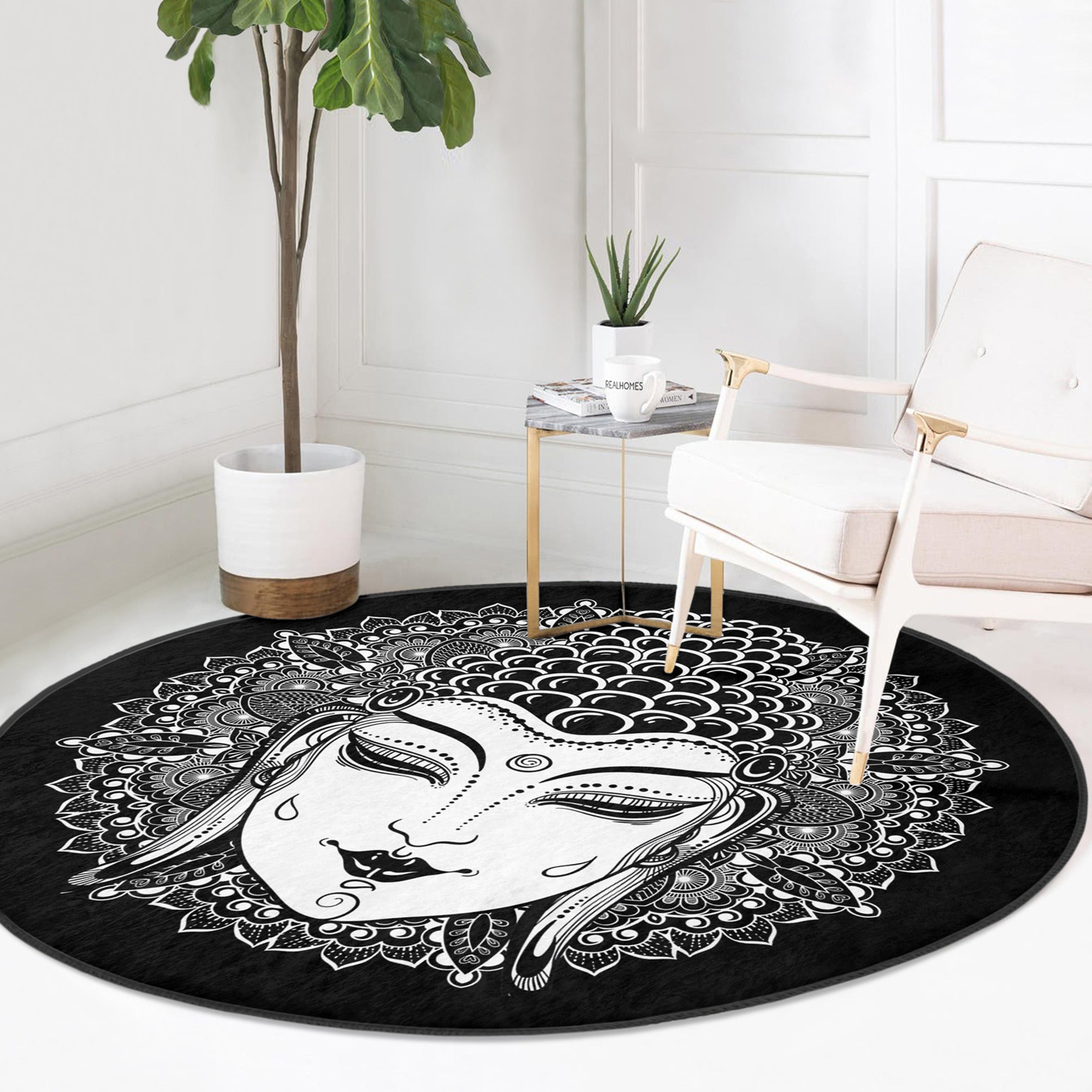 Mystic Round Rug in vibrant colors, featuring a soft velvet texture and anti-slip backing, perfect for meditation spaces.