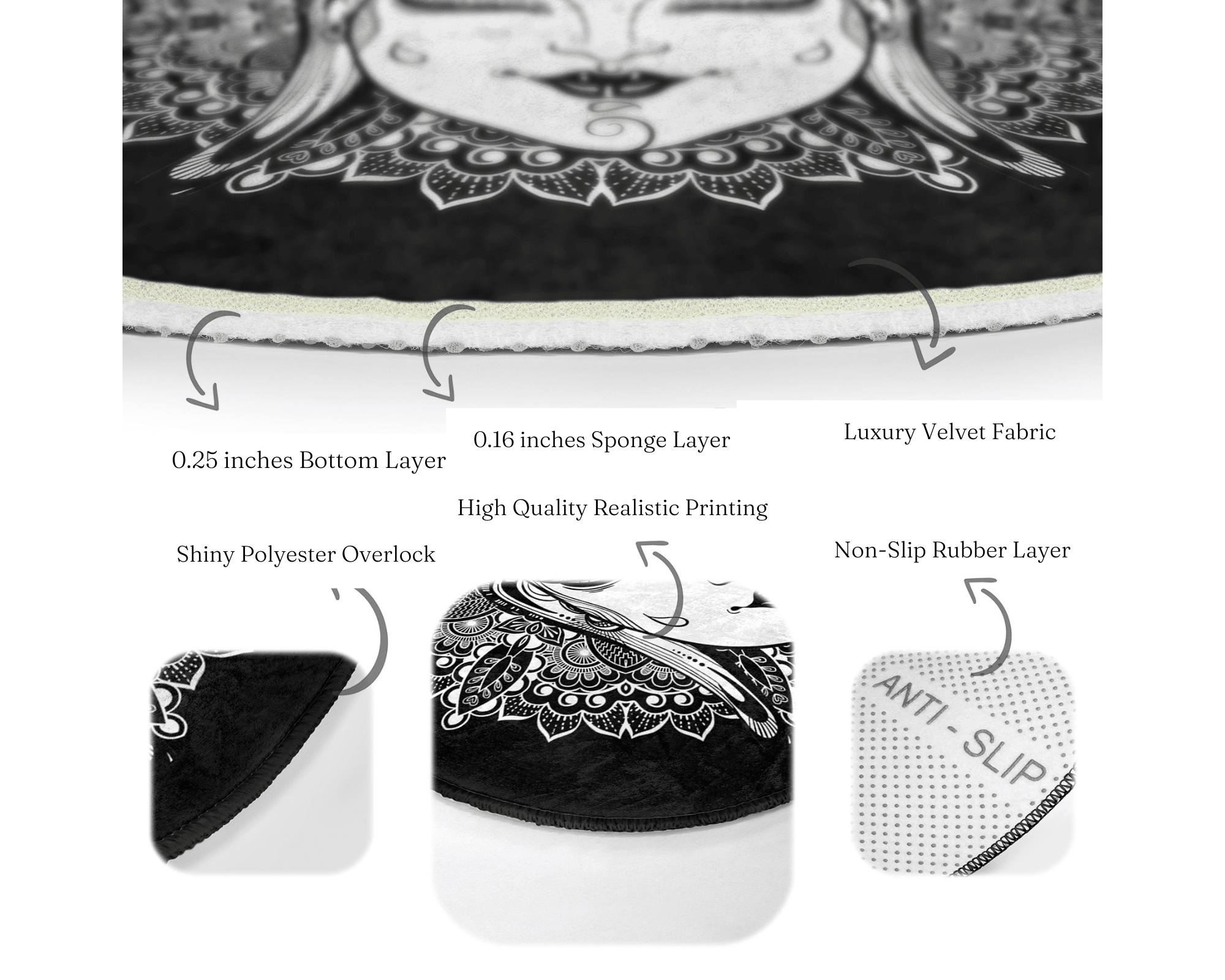 Mystic Round Rug in vibrant colors, featuring a soft velvet texture and anti-slip backing, perfect for meditation spaces.