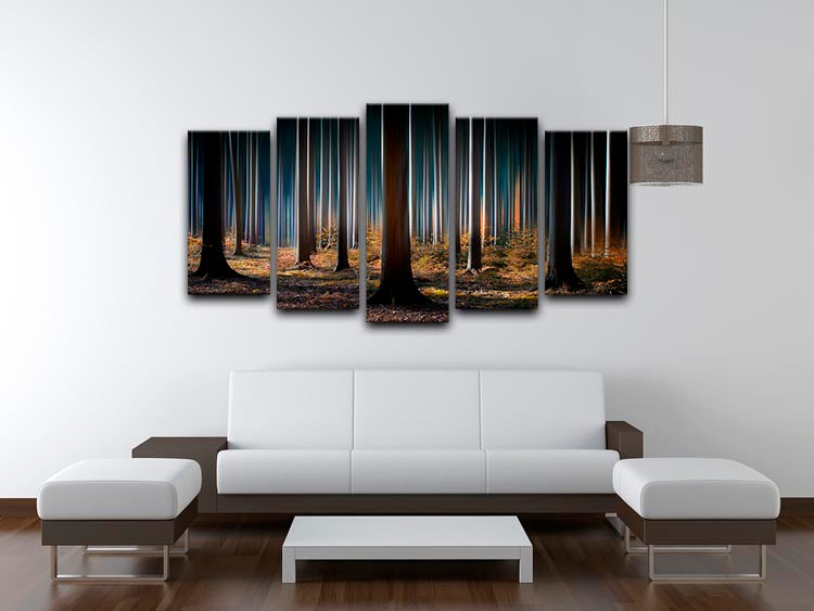 Mystic Wood 5 Split Panel Canvas artwork featuring a serene forest scene divided into five panels, showcasing depth and vibrant colors.