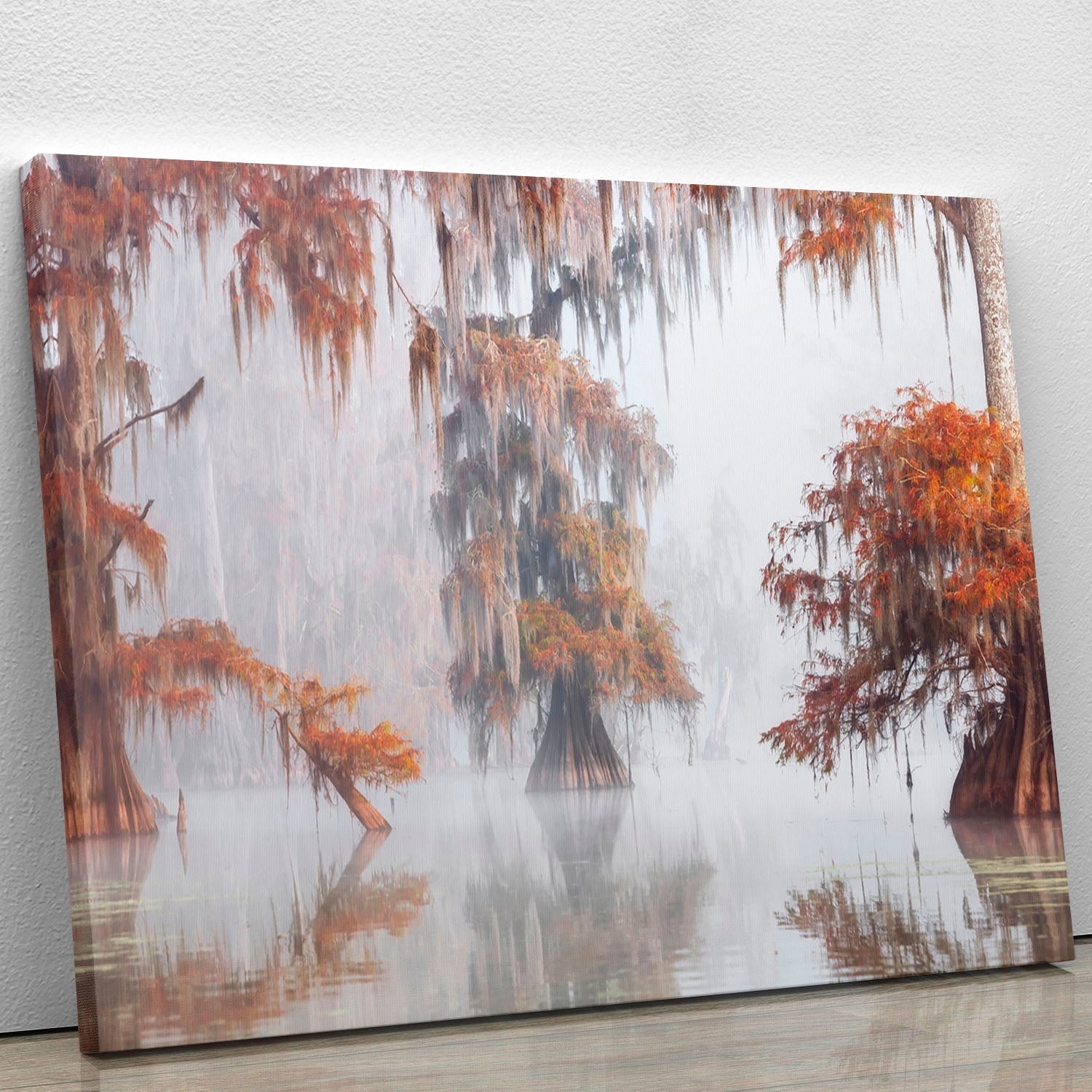 Mysty Bayou Canvas Print showcasing serene bayou scenery with lush greenery and tranquil waters.