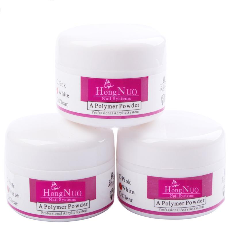 Acrylic Powder 3pcs set in White, Clear, and Pink colors for nail art, showcasing the vibrant colors and packaging.