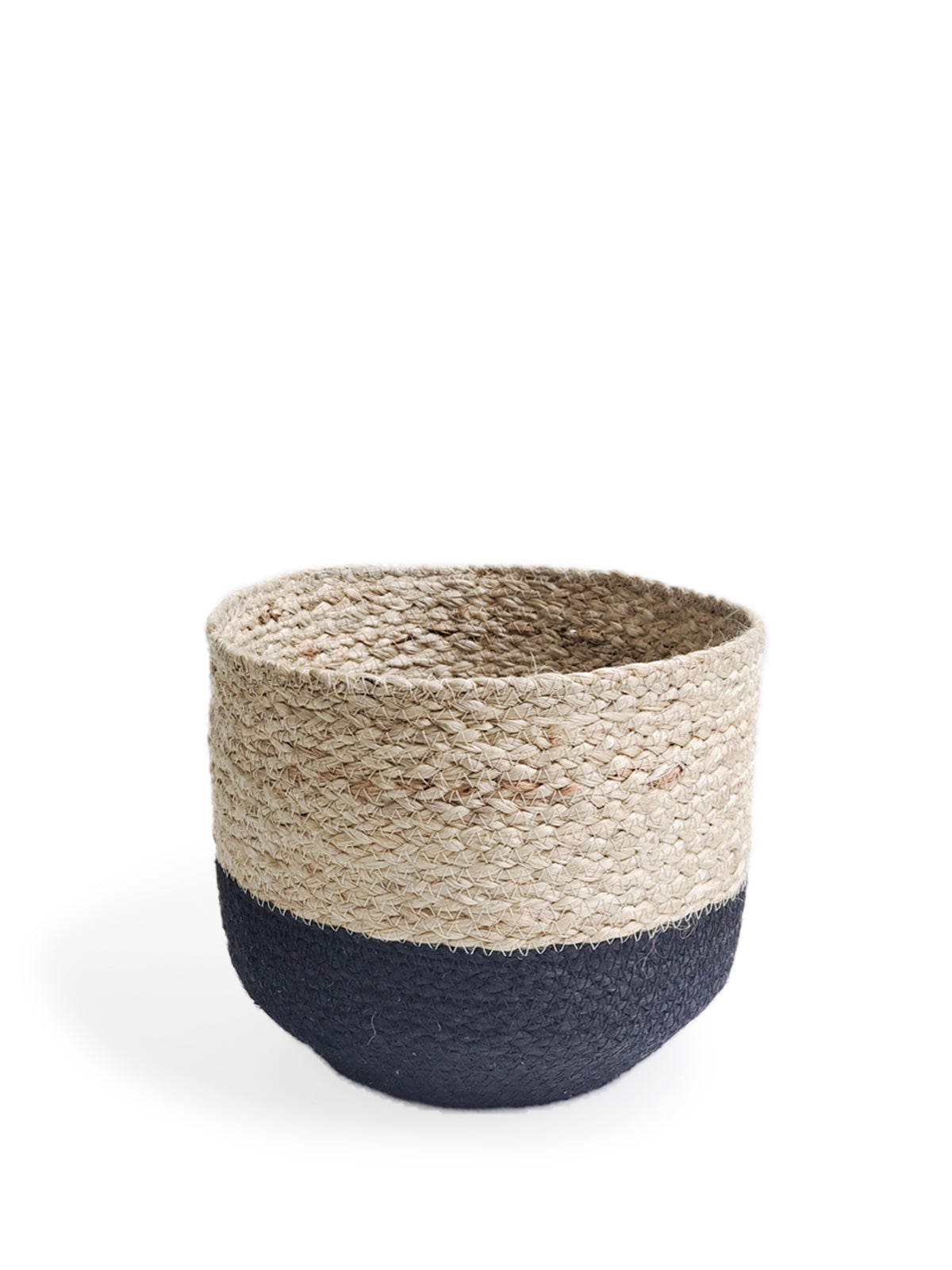 Handwoven Naiya Bin made from jute, featuring a natural and black design, available in three sizes.
