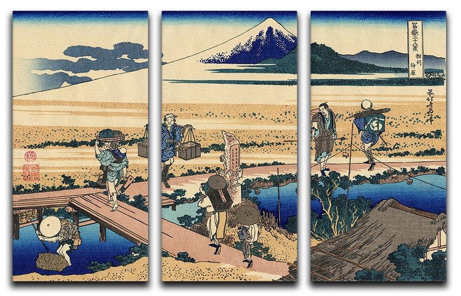 Three-panel canvas print of Nakahara in the Sagami province by Hokusai, showcasing serene landscapes and intricate details.