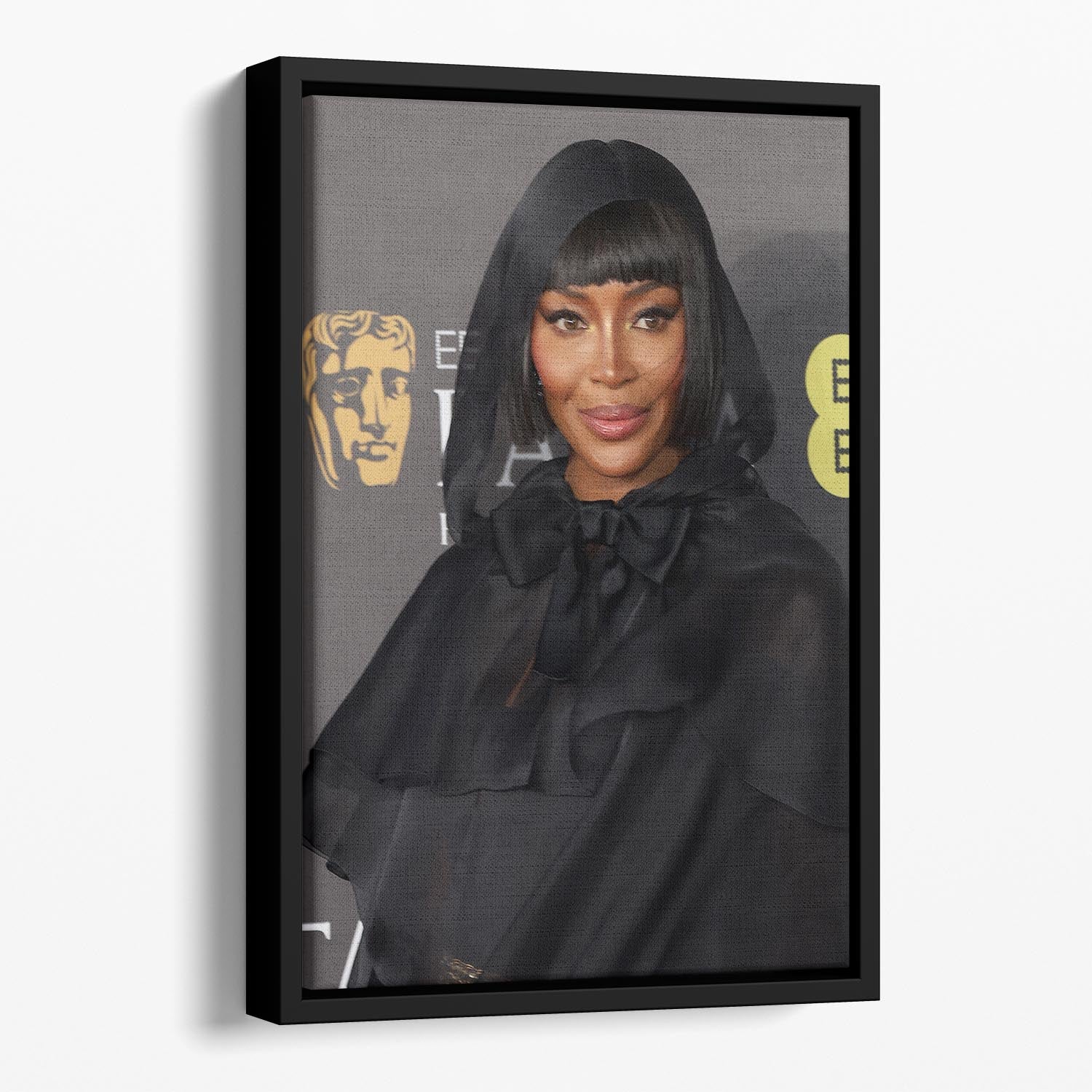 Naomi Campbell at the Baftas Floating Framed Canvas featuring vibrant abstract colors in a stylish wooden frame.