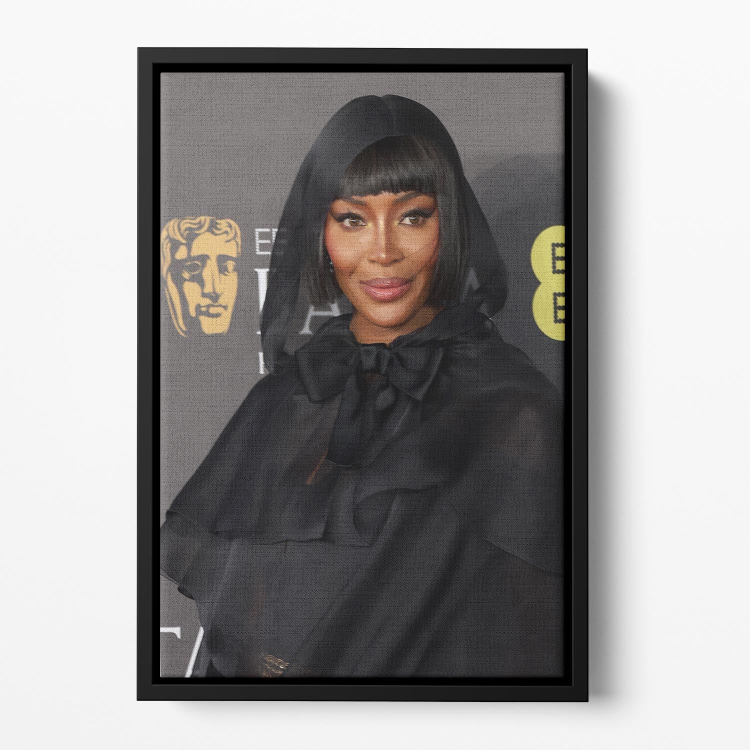 Naomi Campbell at the Baftas Floating Framed Canvas featuring vibrant abstract colors in a stylish wooden frame.