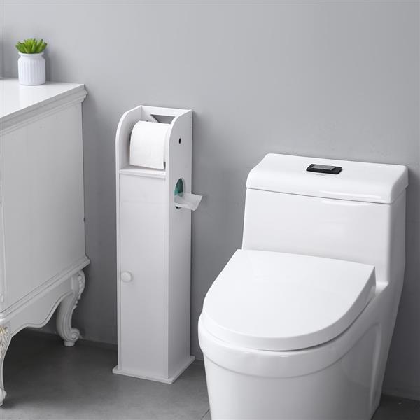 Narrow PVC cabinet for toilet paper and towels, featuring a modern white design, perfect for small bathrooms.