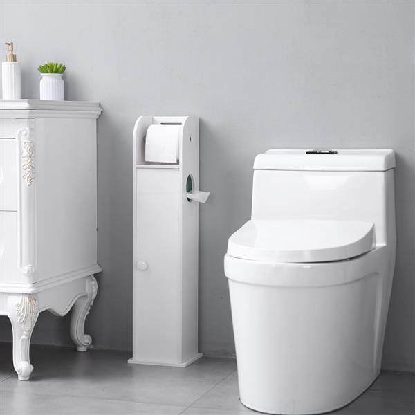Narrow PVC cabinet for toilet paper and towels, featuring a modern white design, perfect for small bathrooms.