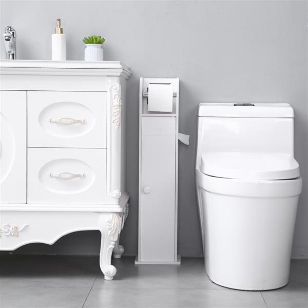 Narrow PVC cabinet for toilet paper and towels, featuring a modern white design, perfect for small bathrooms.