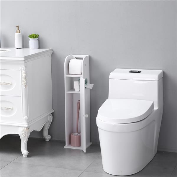 Narrow PVC cabinet for toilet paper and towels, featuring a modern white design, perfect for small bathrooms.