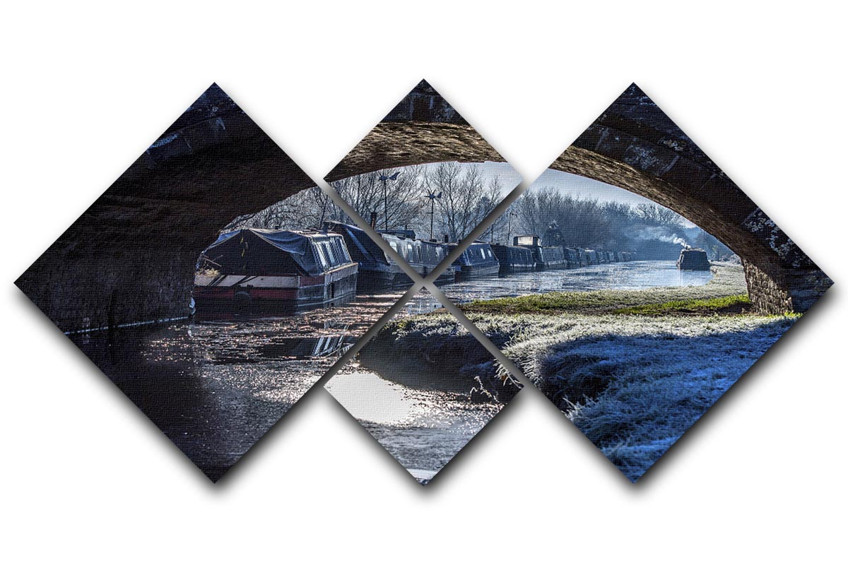 A beautiful multi-panel canvas artwork featuring narrowboats on the Oxford Canal, divided into four equal square sections.