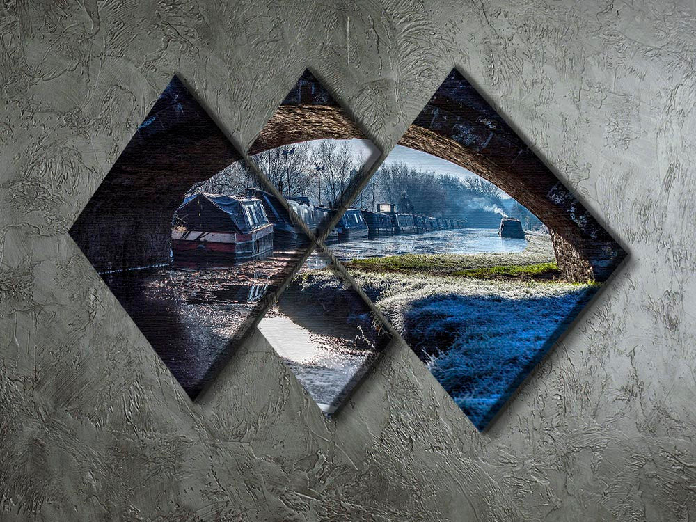 A beautiful multi-panel canvas artwork featuring narrowboats on the Oxford Canal, divided into four equal square sections.