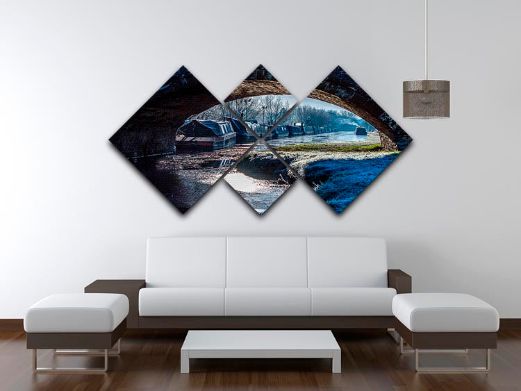 A beautiful multi-panel canvas artwork featuring narrowboats on the Oxford Canal, divided into four equal square sections.