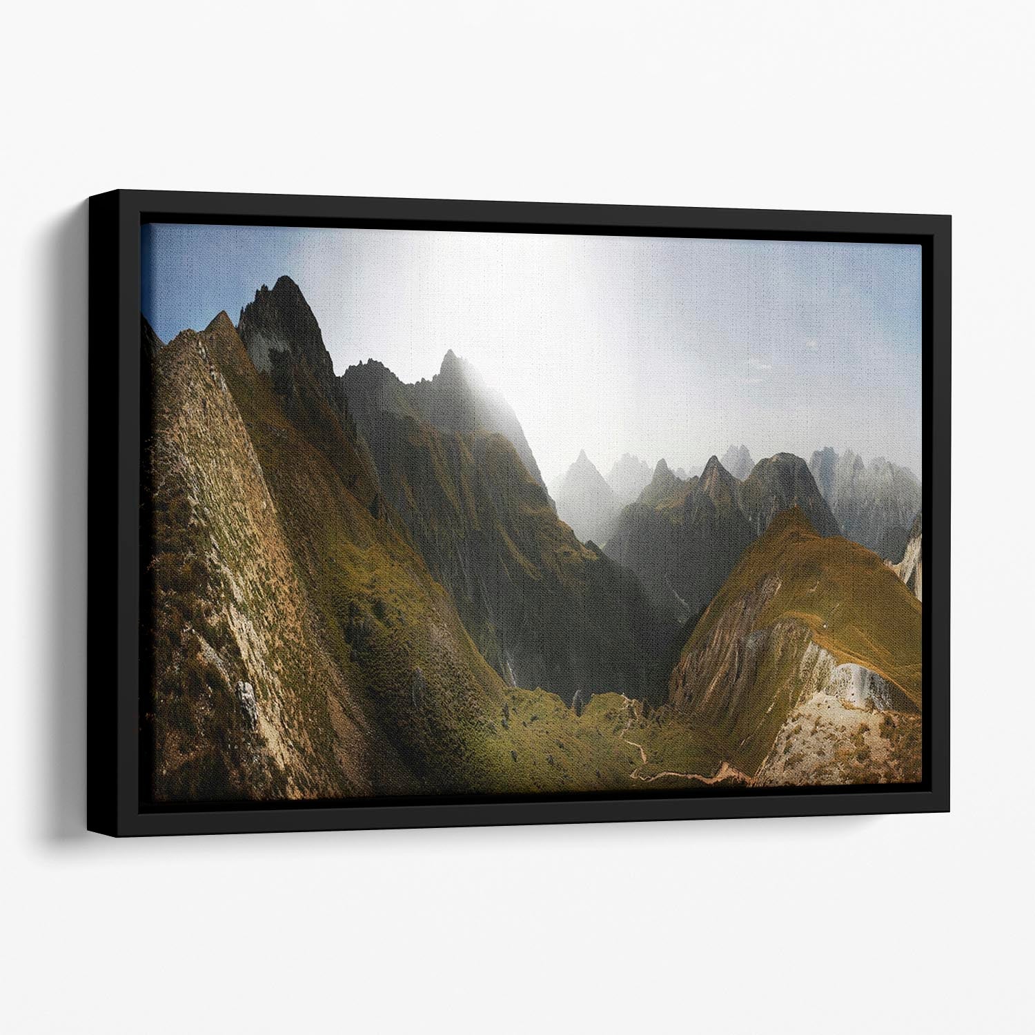 Nationalpark Schweiz Floating Framed Canvas featuring vibrant abstract art in an elegant wooden frame.